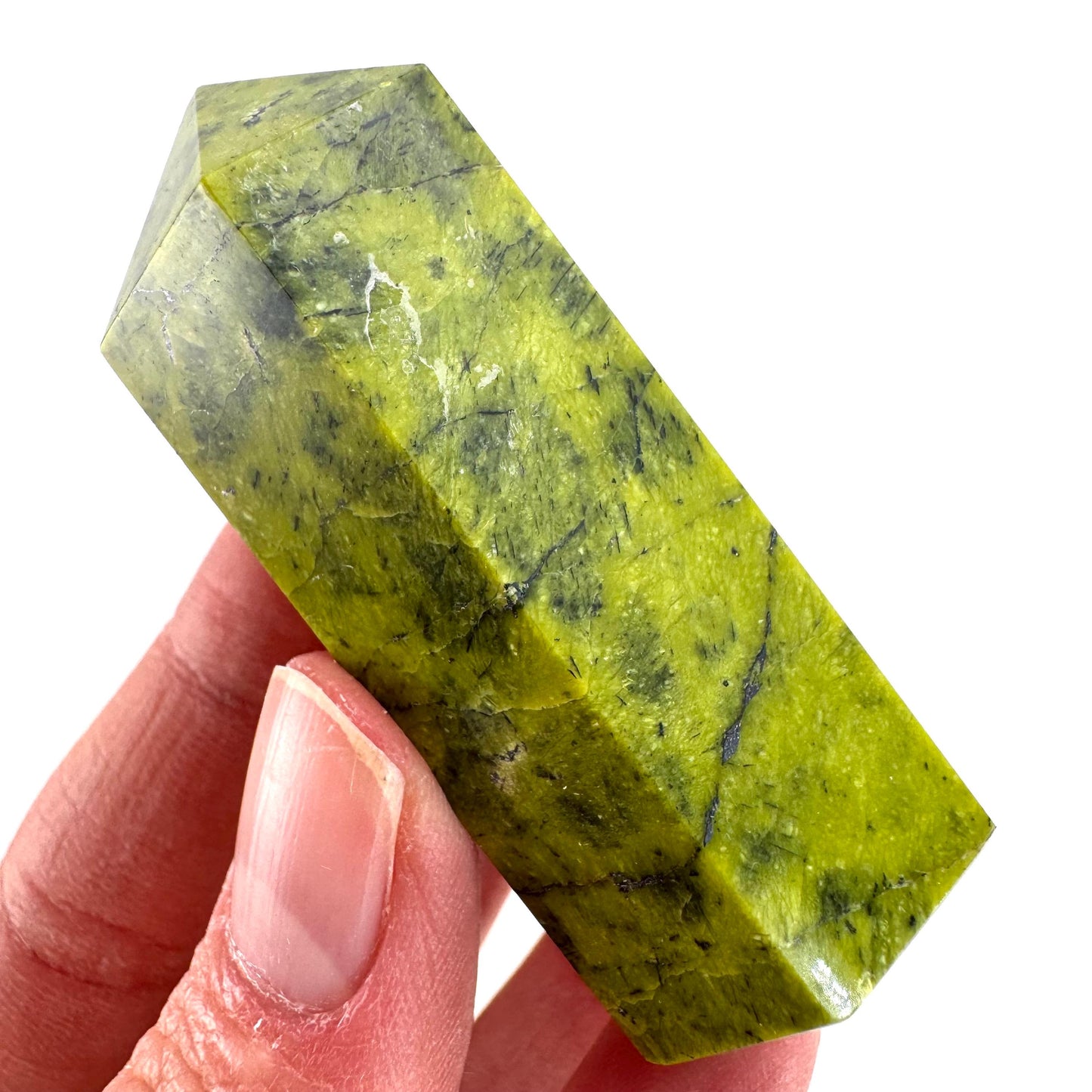 Atlantisite Point (Tasmania) | polished atlantisite crystal tower, stichtite in serpentine, crystal point, rare minerals