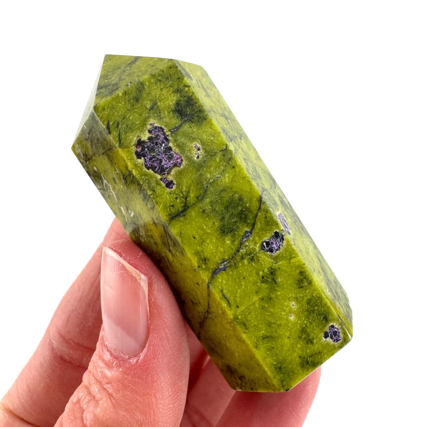 Atlantisite Point (Tasmania) | polished atlantisite crystal tower, stichtite in serpentine, crystal point, rare minerals
