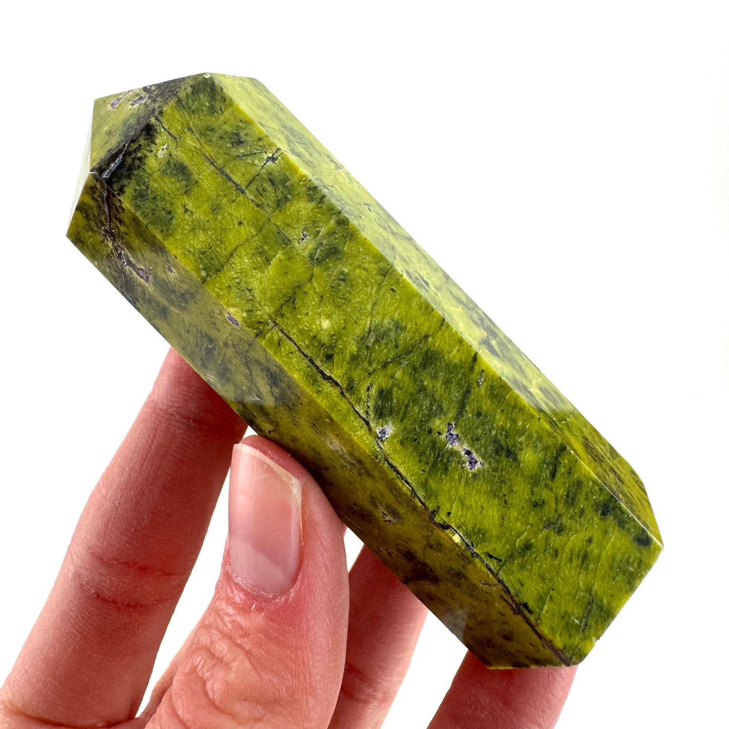 Atlantisite Point (Tasmania) | polished atlantisite crystal tower, stichtite in serpentine, crystal point, rare minerals