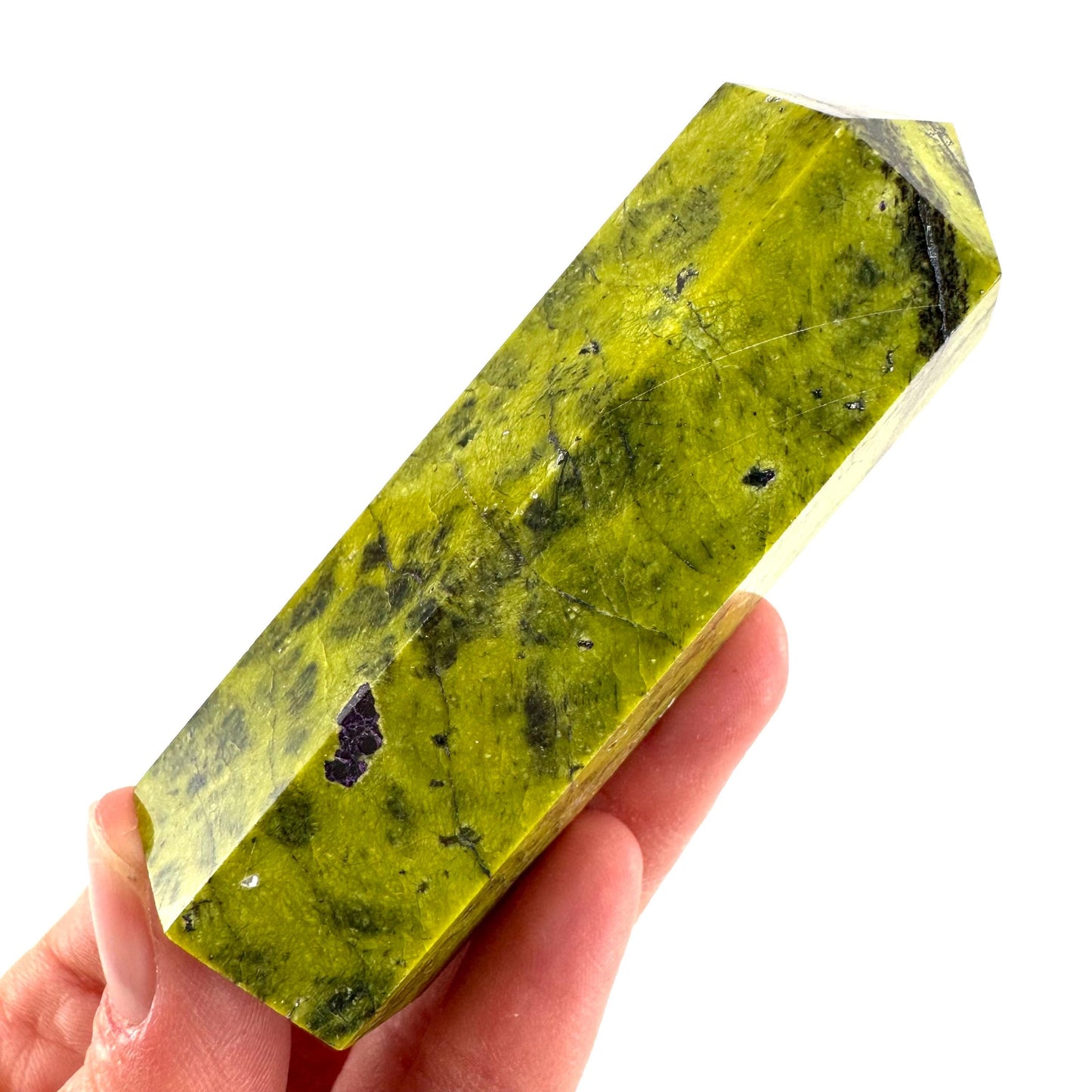 Atlantisite Point (Tasmania) | polished atlantisite crystal tower, stichtite in serpentine, crystal point, rare minerals