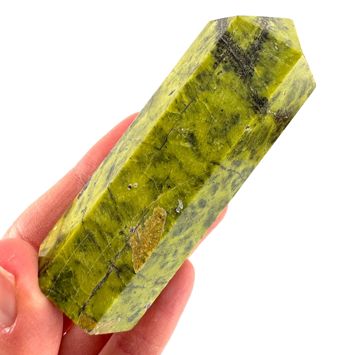 Atlantisite Point (Tasmania) | polished atlantisite crystal tower, stichtite in serpentine, crystal point, rare minerals
