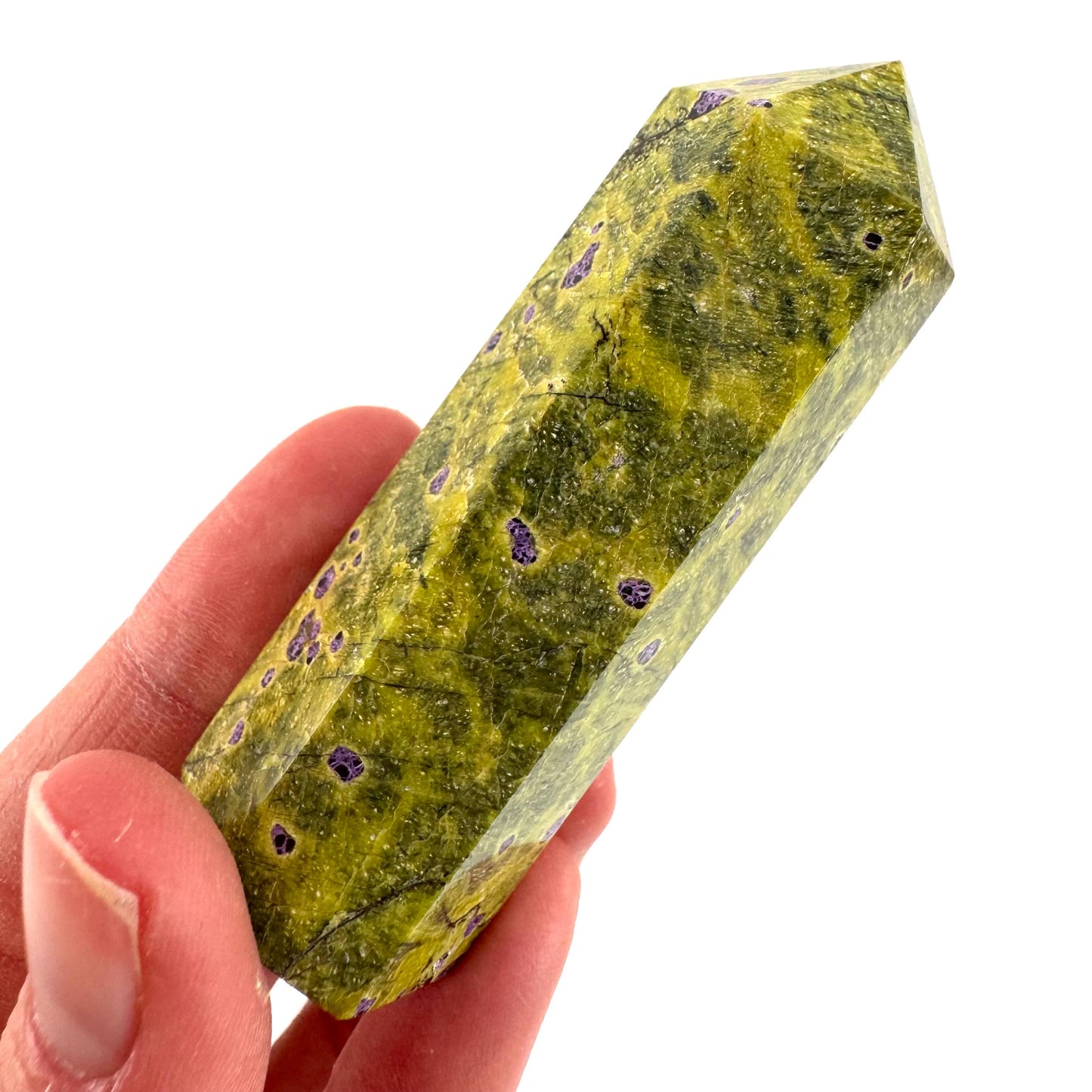 Atlantisite Point (Tasmania) | polished atlantisite crystal tower, stichtite in serpentine, crystal point, rare minerals