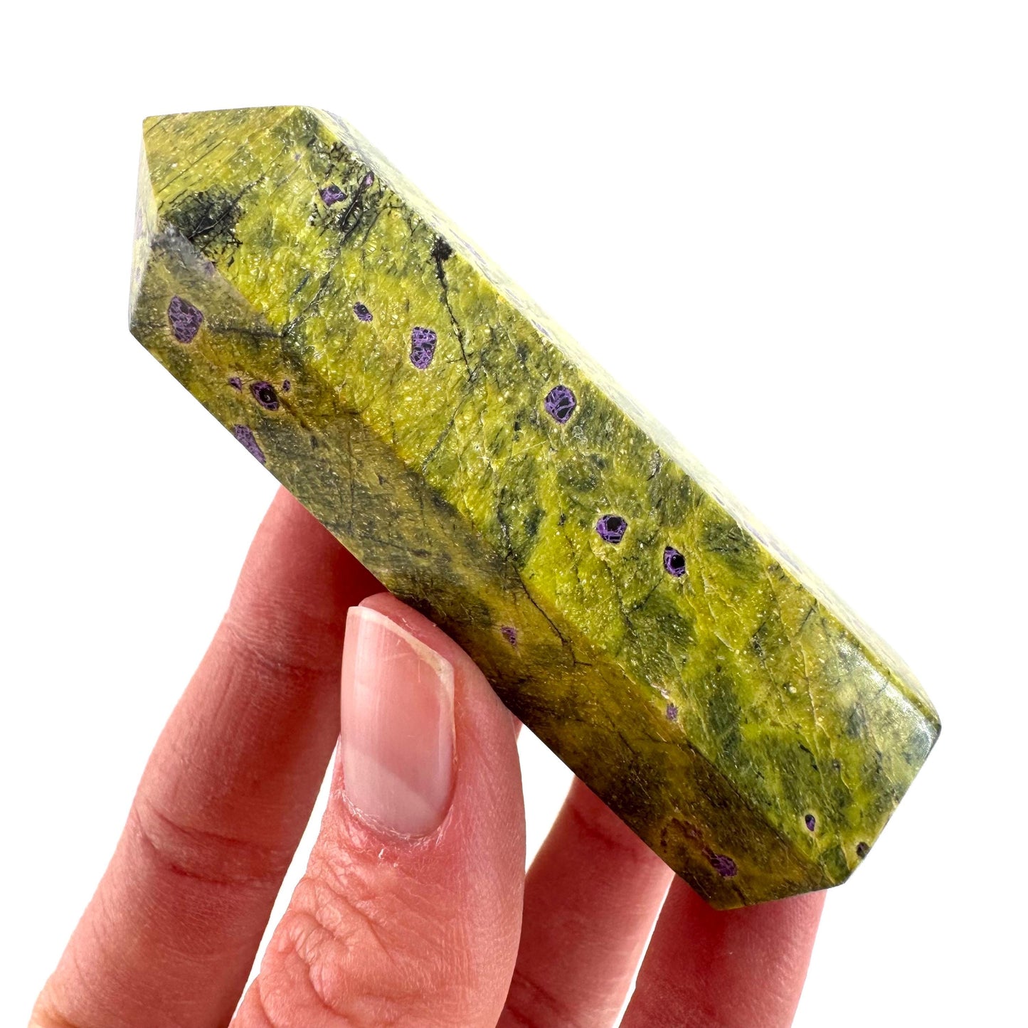 Atlantisite Point (Tasmania) | polished atlantisite crystal tower, stichtite in serpentine, crystal point, rare minerals