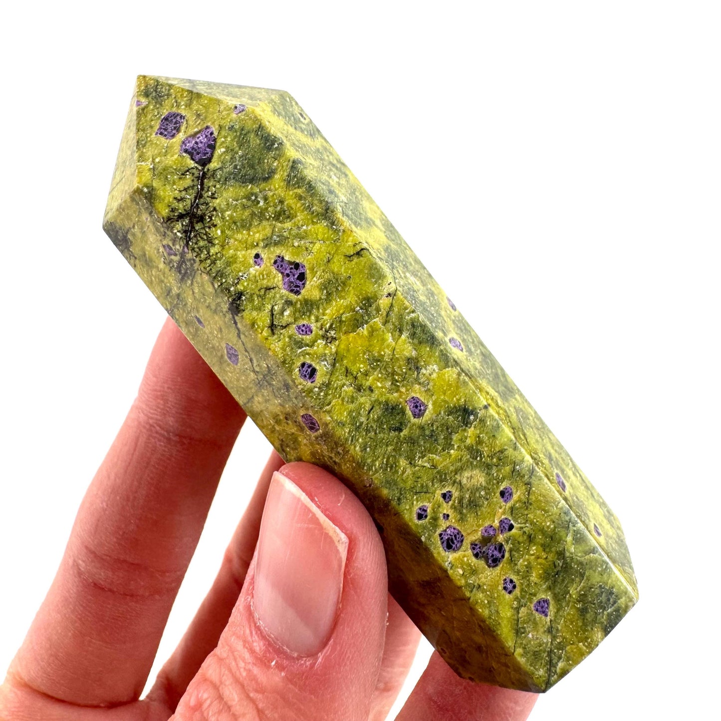 Atlantisite Point (Tasmania) | polished atlantisite crystal tower, stichtite in serpentine, crystal point, rare minerals
