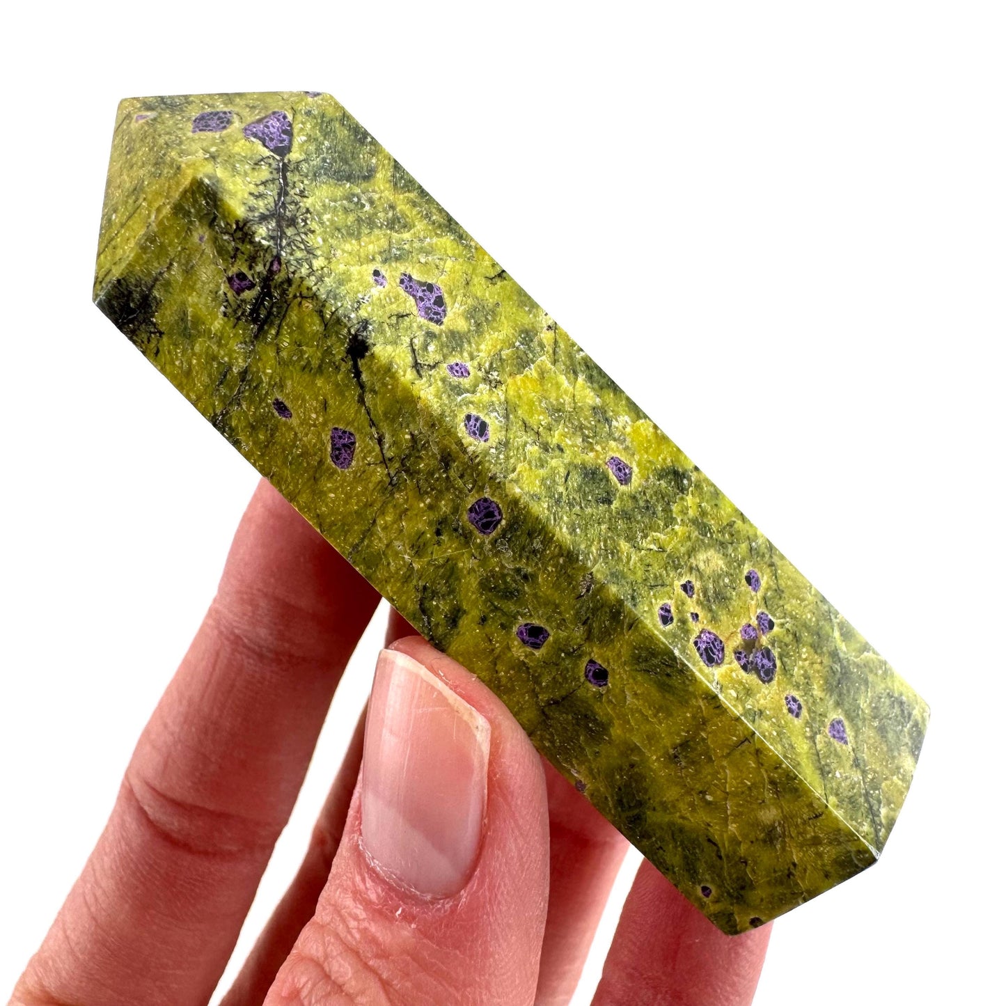 Atlantisite Point (Tasmania) | polished atlantisite crystal tower, stichtite in serpentine, crystal point, rare minerals