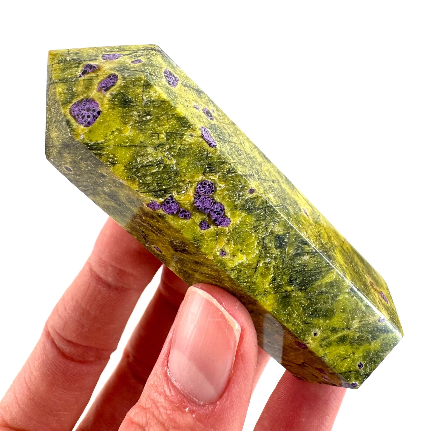 Atlantisite Point (Tasmania) | polished atlantisite crystal tower, stichtite in serpentine, crystal point, rare minerals