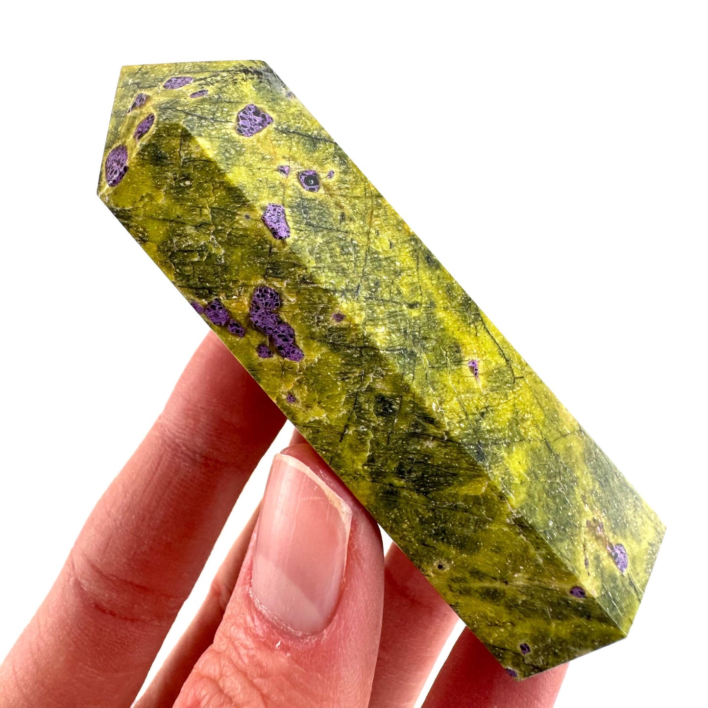 Atlantisite Point (Tasmania) | polished atlantisite crystal tower, stichtite in serpentine, crystal point, rare minerals