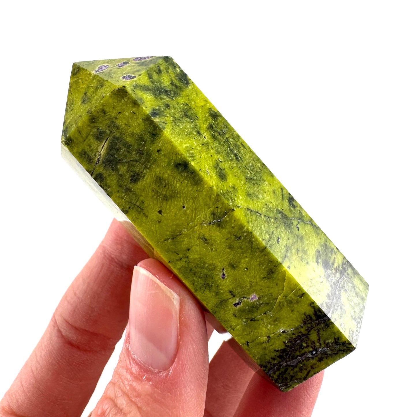 Atlantisite Point (Tasmania) | polished atlantisite crystal tower, stichtite in serpentine, crystal point, rare minerals