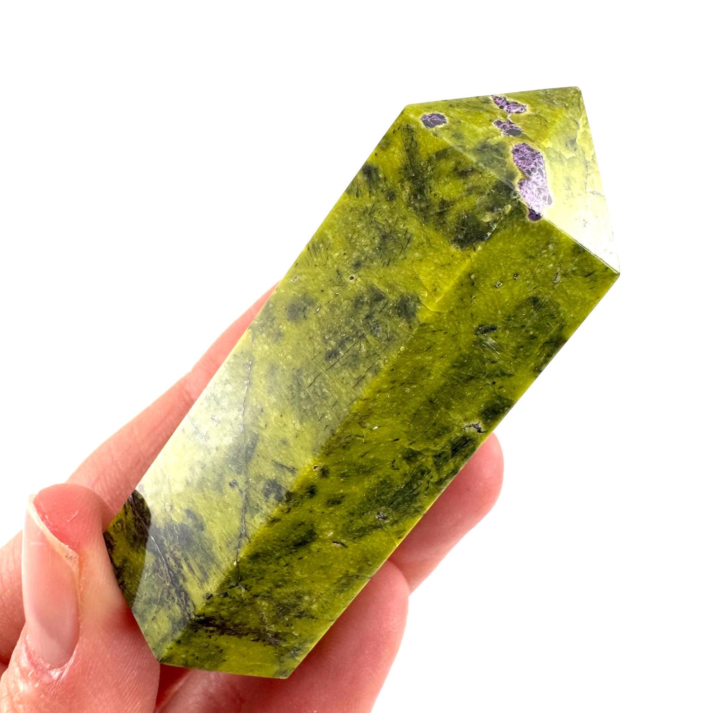 Atlantisite Point (Tasmania) | polished atlantisite crystal tower, stichtite in serpentine, crystal point, rare minerals