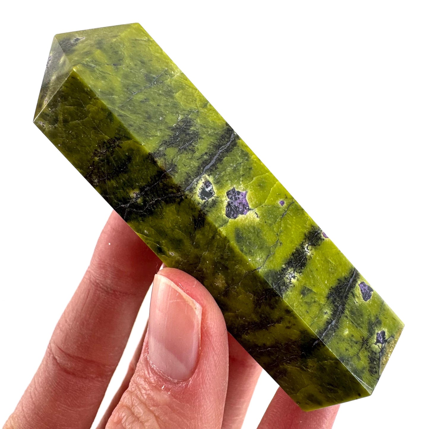 Atlantisite Point (Tasmania) | polished atlantisite crystal tower, stichtite in serpentine, crystal point, rare minerals