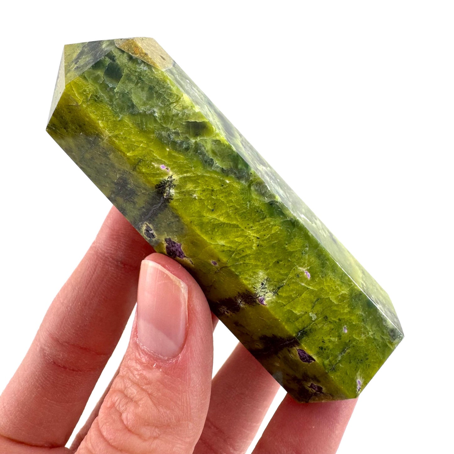 Atlantisite Point (Tasmania) | polished atlantisite crystal tower, stichtite in serpentine, crystal point, rare minerals
