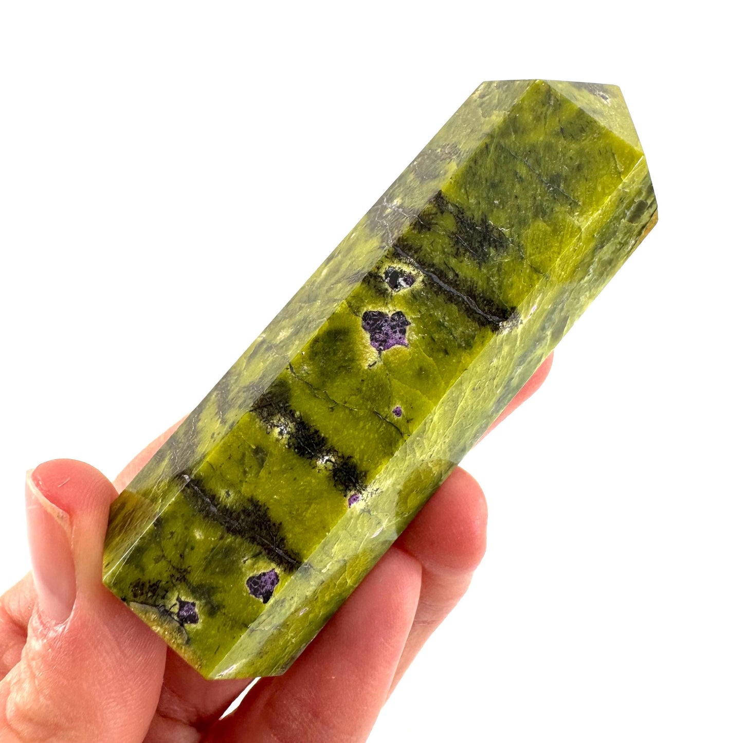 Atlantisite Point (Tasmania) | polished atlantisite crystal tower, stichtite in serpentine, crystal point, rare minerals