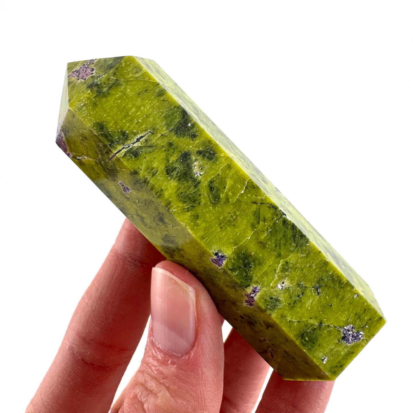 Atlantisite Point (Tasmania) | polished atlantisite crystal tower, stichtite in serpentine, crystal point, rare minerals