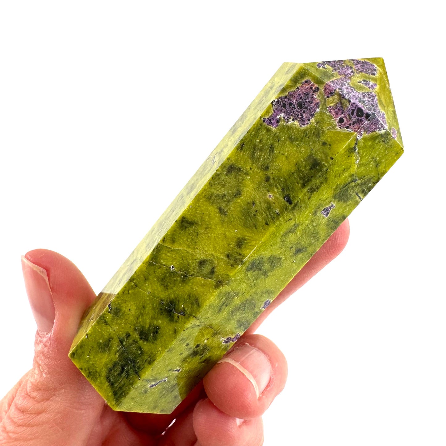 Atlantisite Point (Tasmania) | polished atlantisite crystal tower, stichtite in serpentine, crystal point, rare minerals