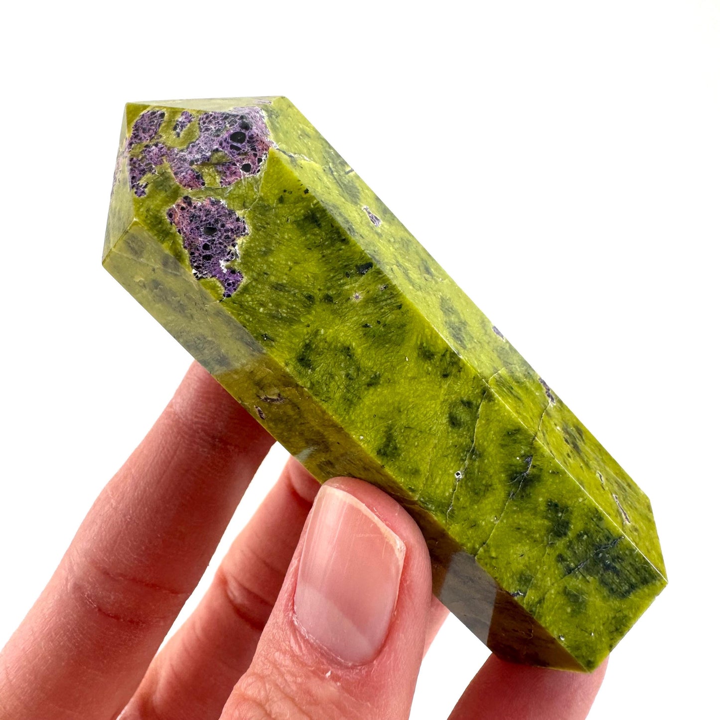 Atlantisite Point (Tasmania) | polished atlantisite crystal tower, stichtite in serpentine, crystal point, rare minerals