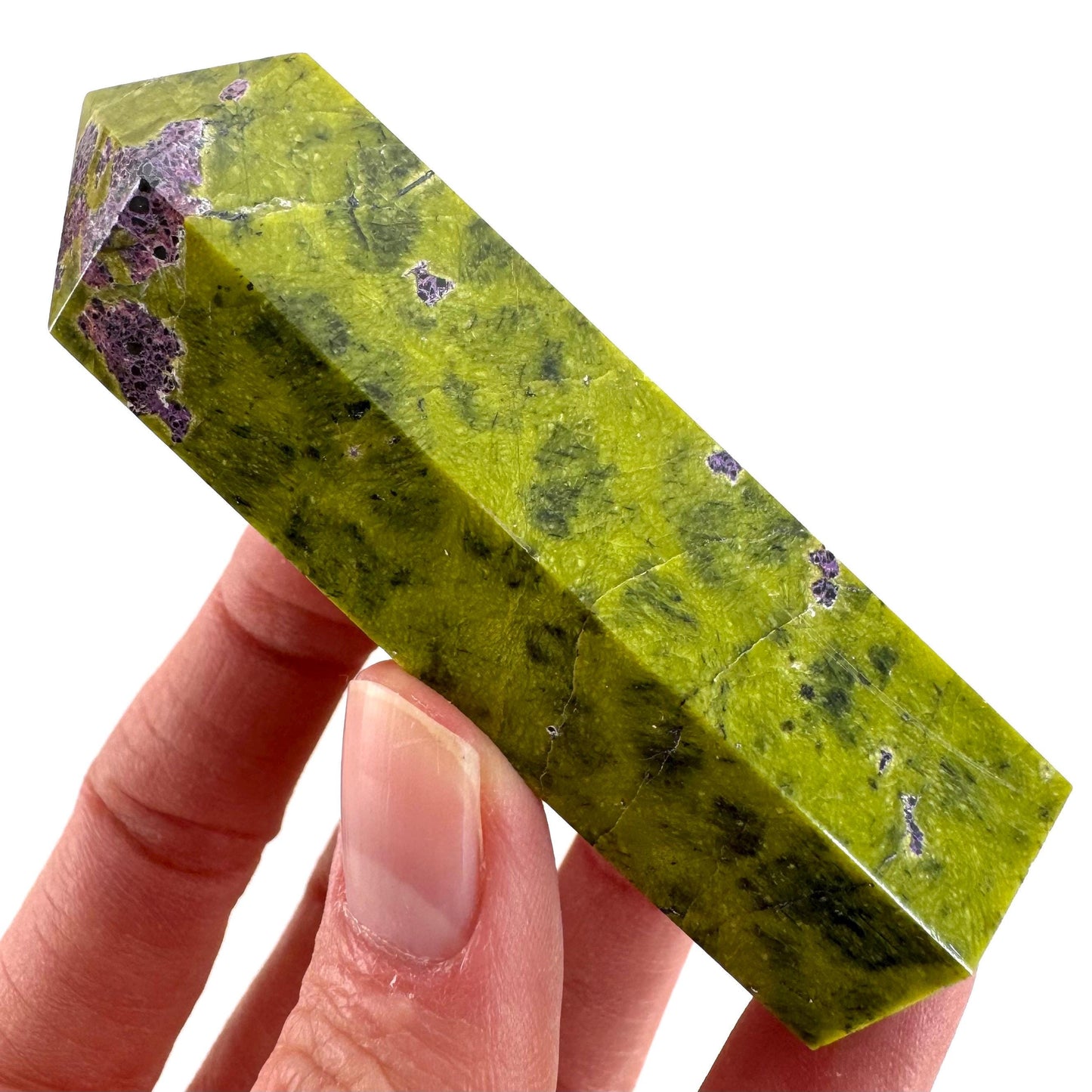 Atlantisite Point (Tasmania) | polished atlantisite crystal tower, stichtite in serpentine, crystal point, rare minerals