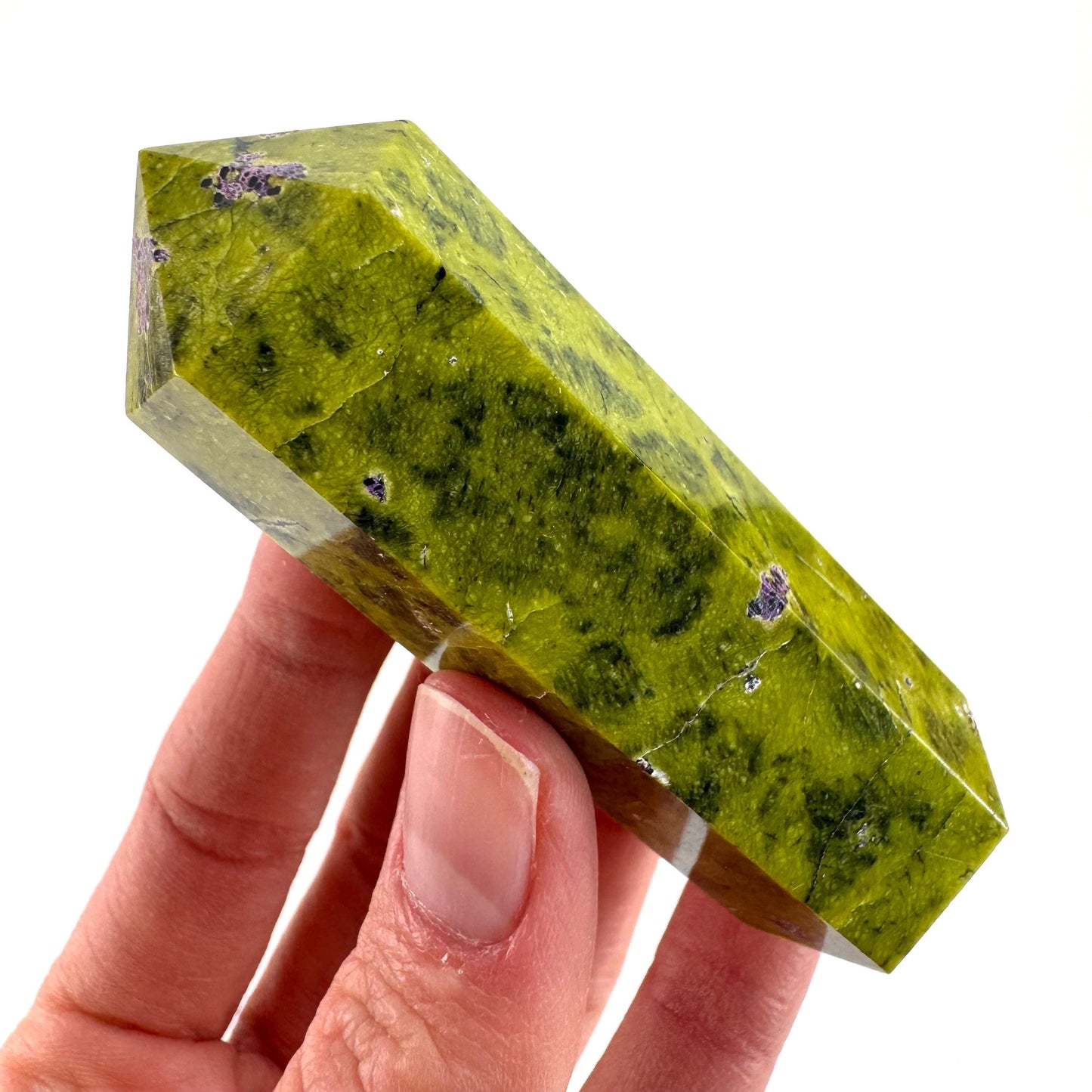 Atlantisite Point (Tasmania) | polished atlantisite crystal tower, stichtite in serpentine, crystal point, rare minerals