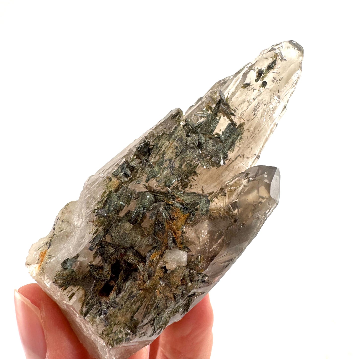 Smoky Quartz w/ Aegirine (Malawi) | raw smoky quartz crystal point, mineral specimen