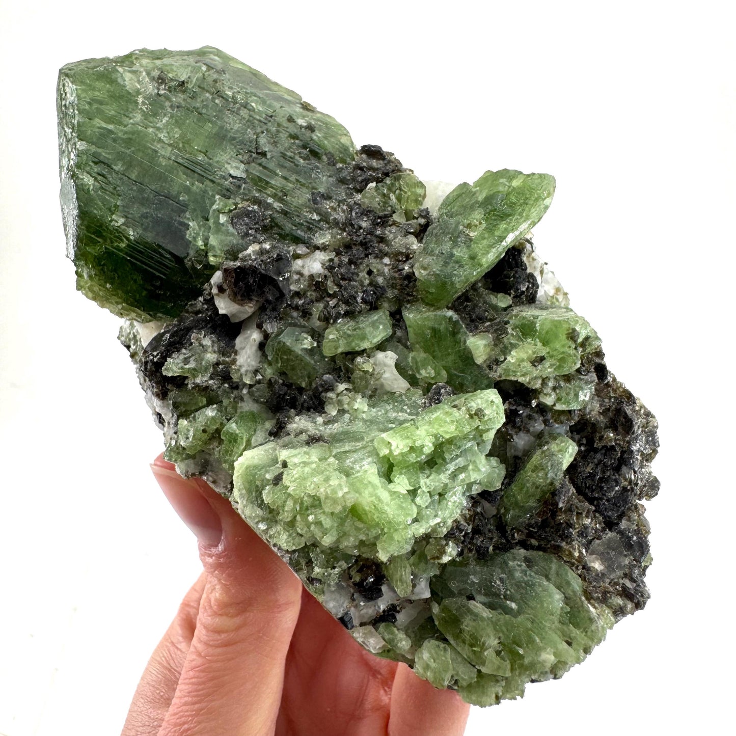 Diopside on Calcite (Afghanistan) | chrome diopside, green diopside crystal, mineral specimen
