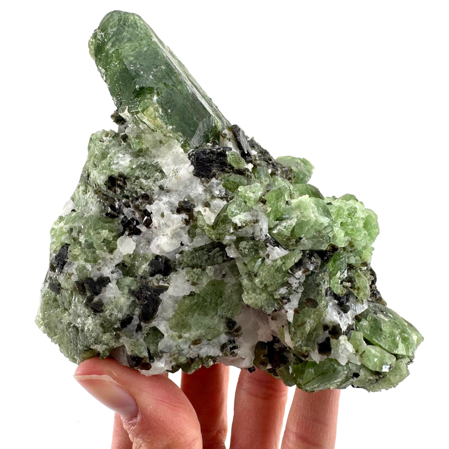 Diopside on Calcite (Afghanistan) | chrome diopside, green diopside crystal, mineral specimen