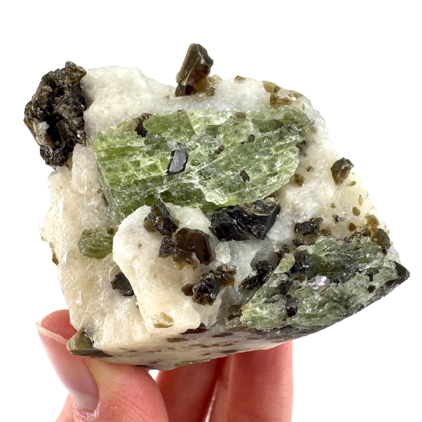Diopside on Calcite (Afghanistan) | chrome diopside, green diopside crystal, mineral specimen
