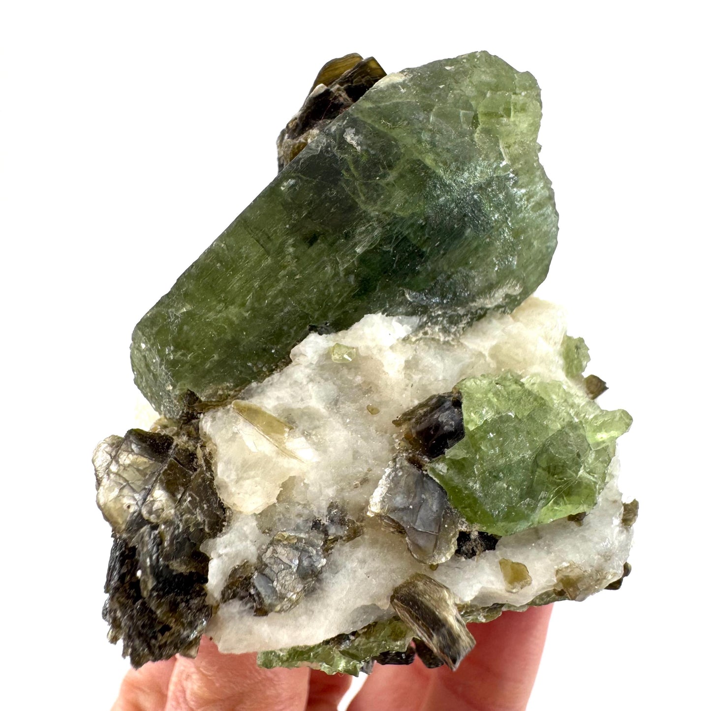 Diopside on Calcite (Afghanistan) | chrome diopside, green diopside crystal, mineral specimen
