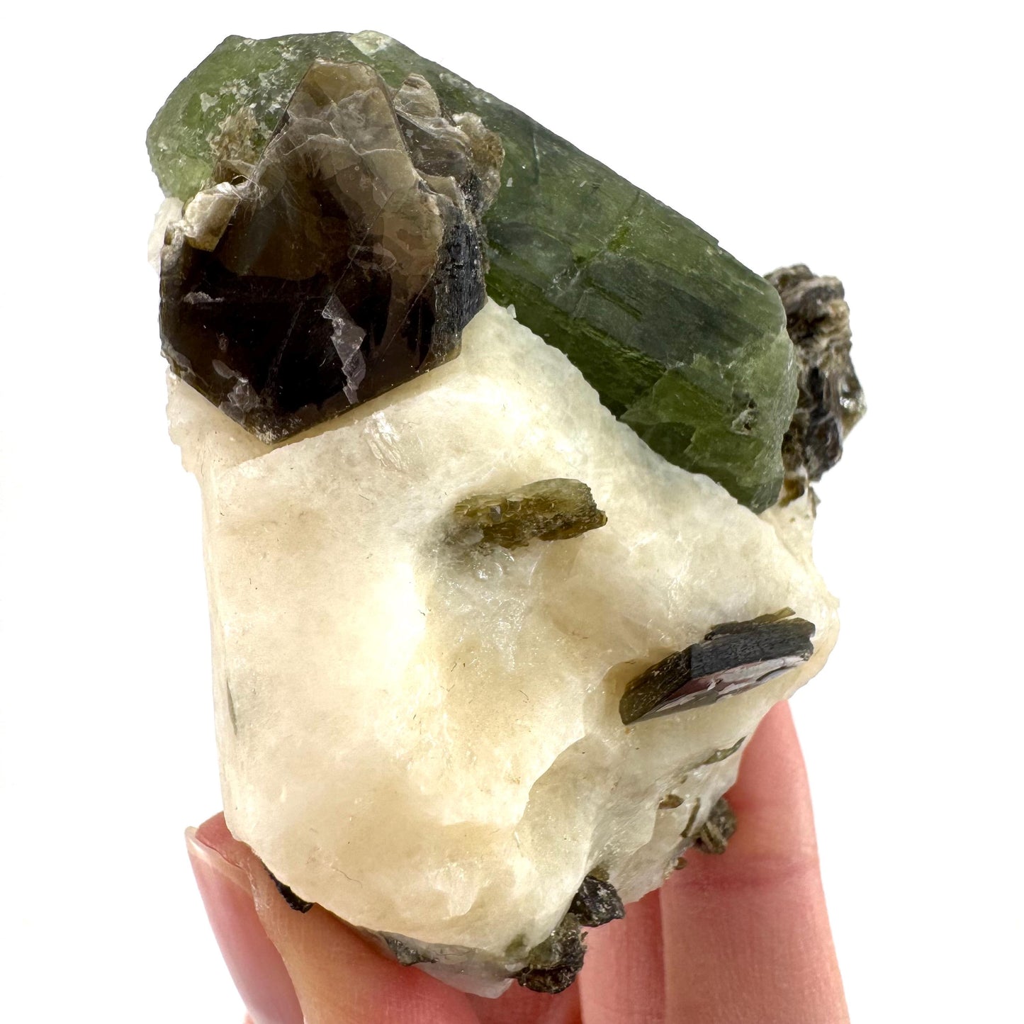 Diopside on Calcite (Afghanistan) | chrome diopside, green diopside crystal, mineral specimen