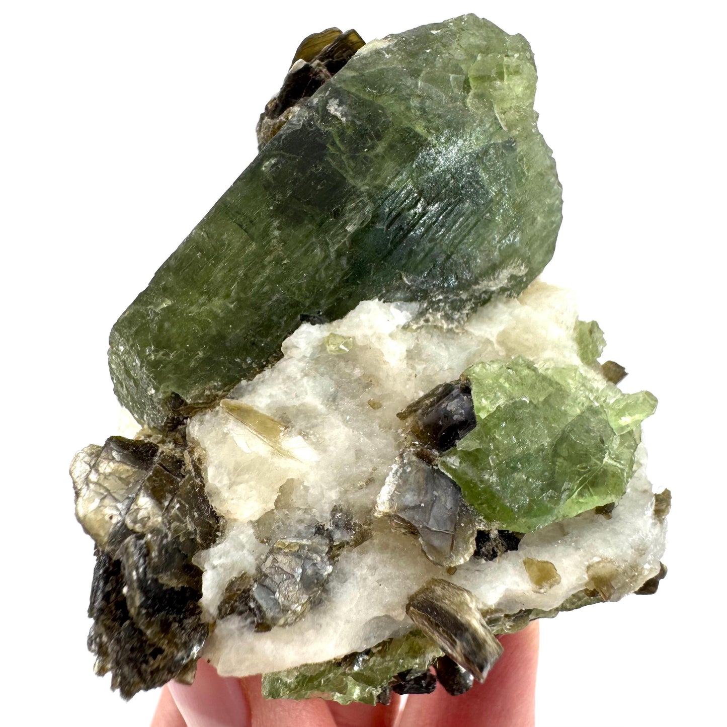 Diopside on Calcite (Afghanistan) | chrome diopside, green diopside crystal, mineral specimen