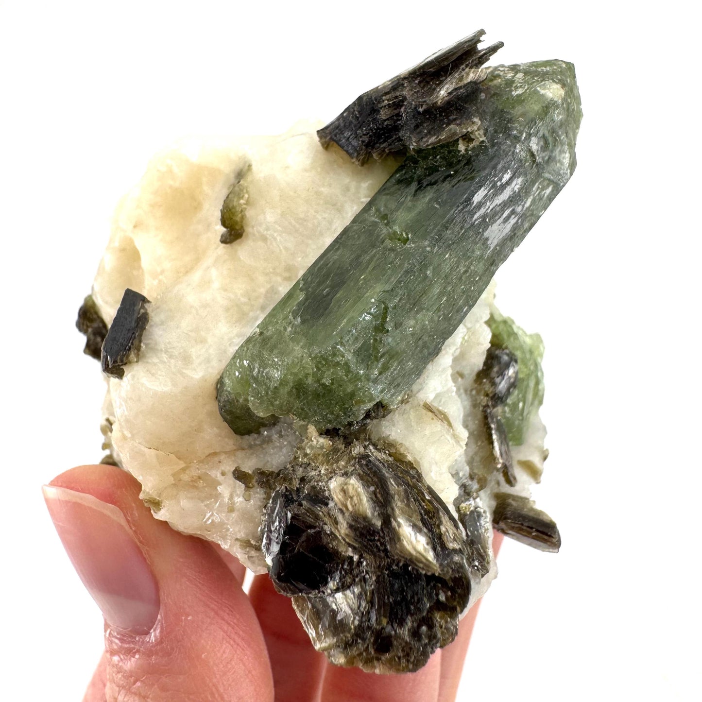 Diopside on Calcite (Afghanistan) | chrome diopside, green diopside crystal, mineral specimen