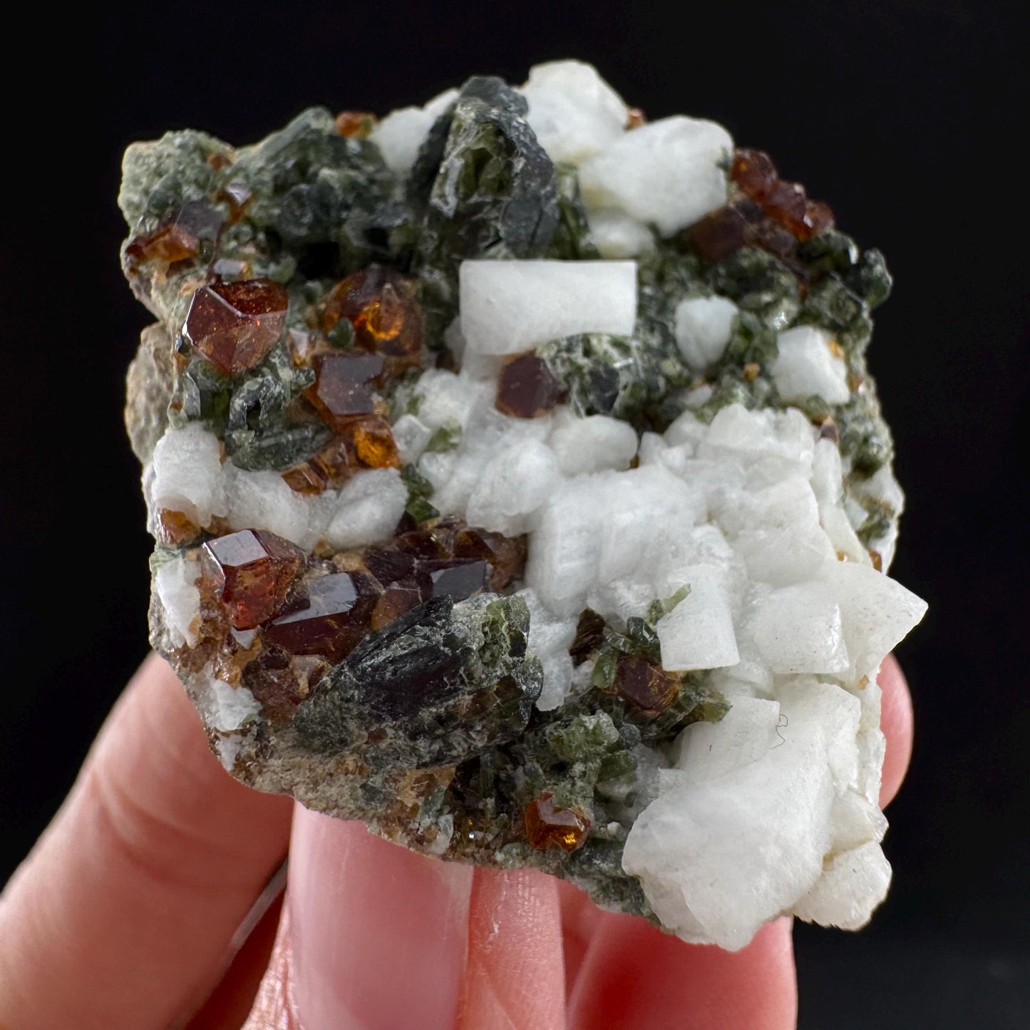 Spessartine Garnet w/ Epidote & Albite (Pakistan) | orange garnet crystal, mineral specimen