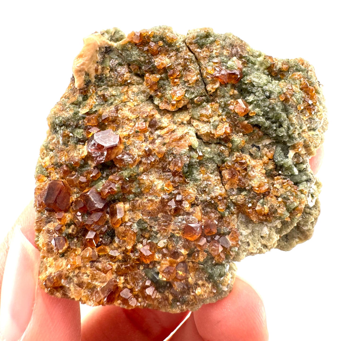 Spessartine Garnet w/ Epidote (Pakistan) | orange garnet crystal, mineral specimen