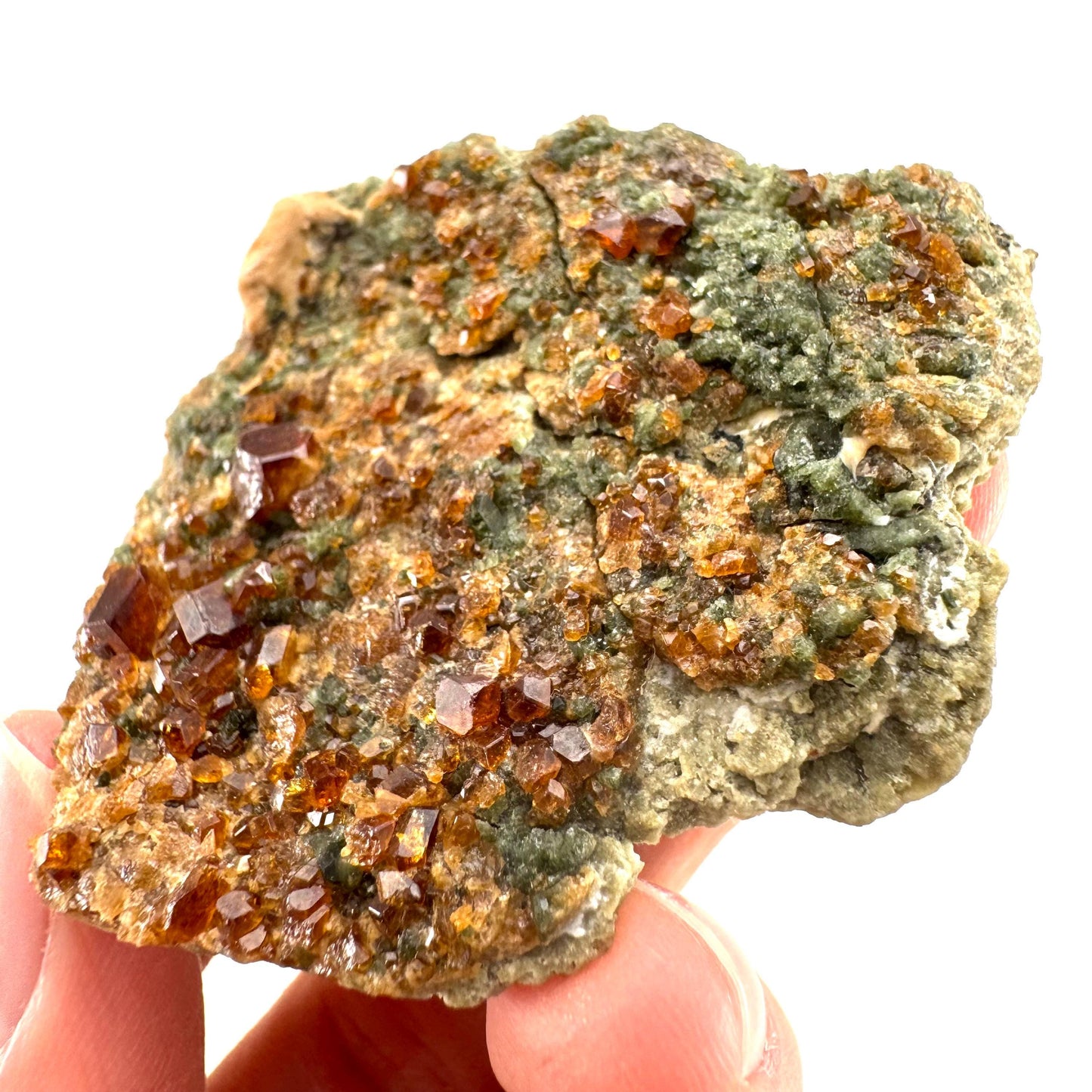 Spessartine Garnet w/ Epidote (Pakistan) | orange garnet crystal, mineral specimen