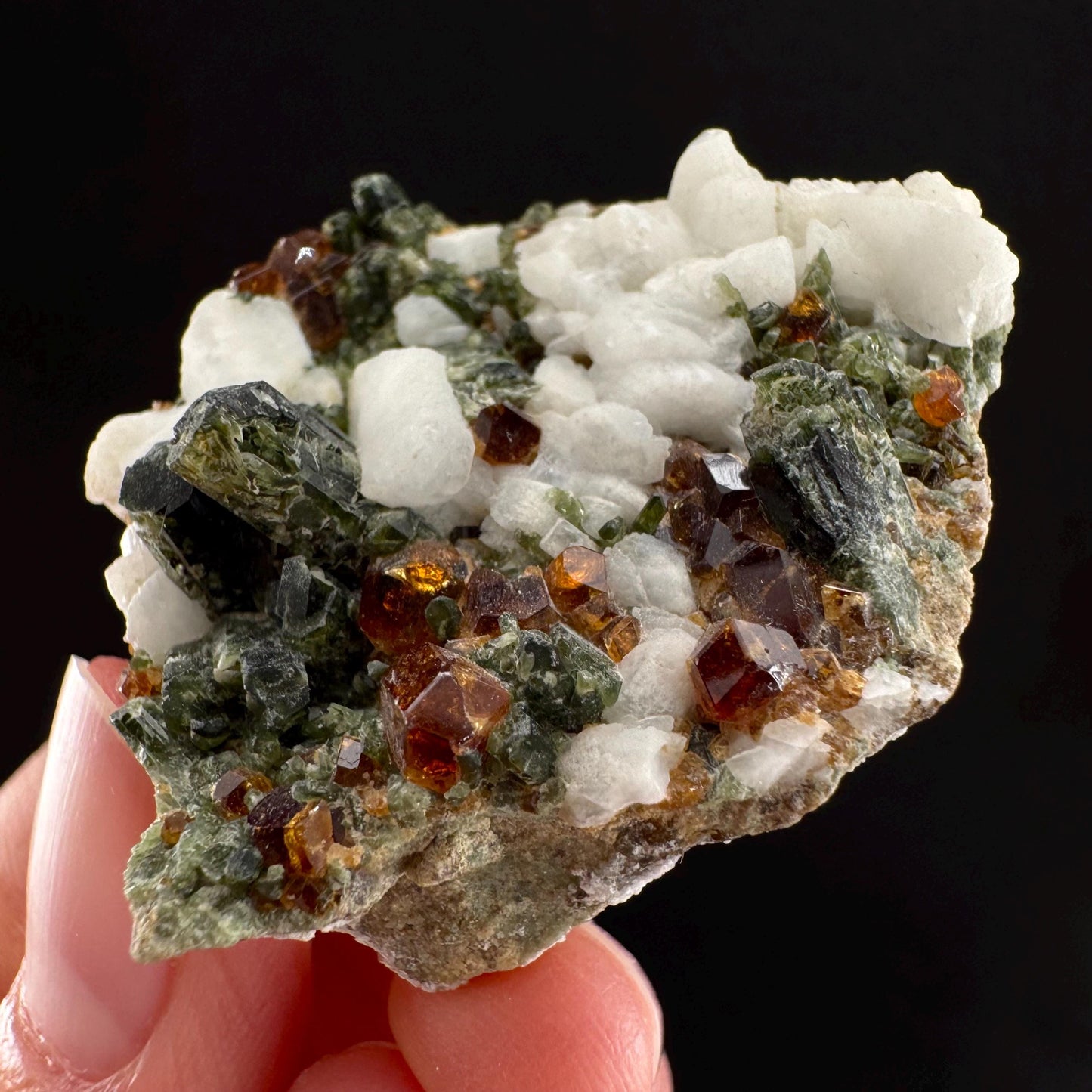 Spessartine Garnet w/ Epidote & Albite (Pakistan) | orange garnet crystal, mineral specimen