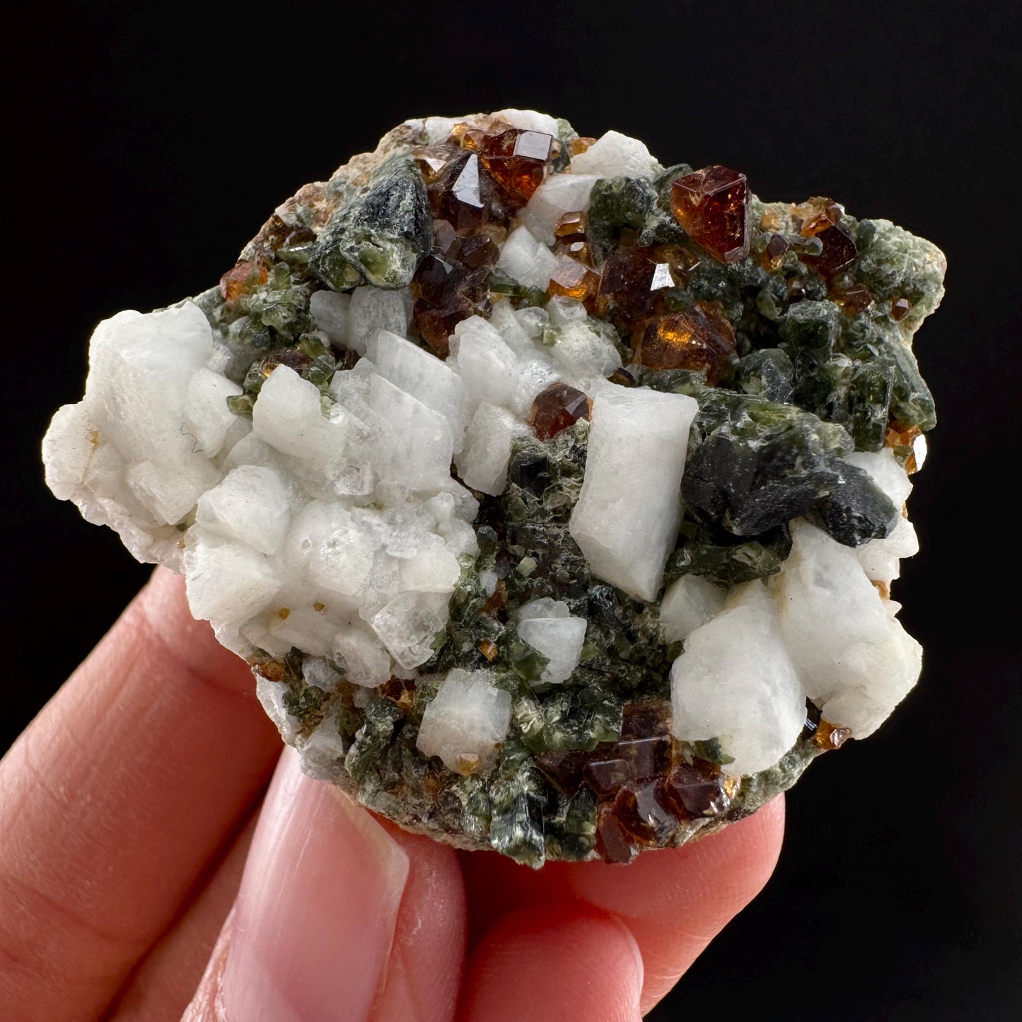 Spessartine Garnet w/ Epidote & Albite (Pakistan) | orange garnet crystal, mineral specimen