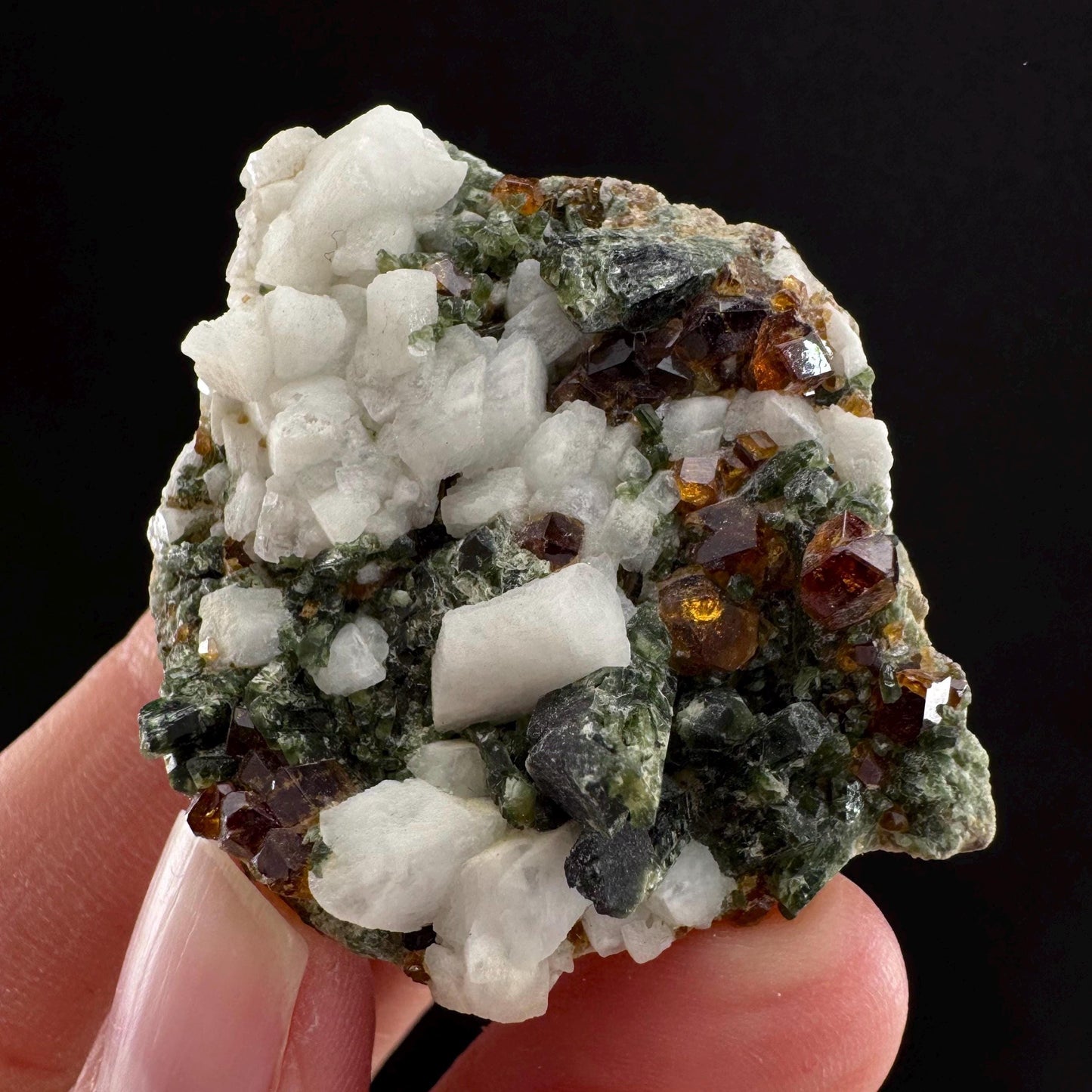 Spessartine Garnet w/ Epidote & Albite (Pakistan) | orange garnet crystal, mineral specimen