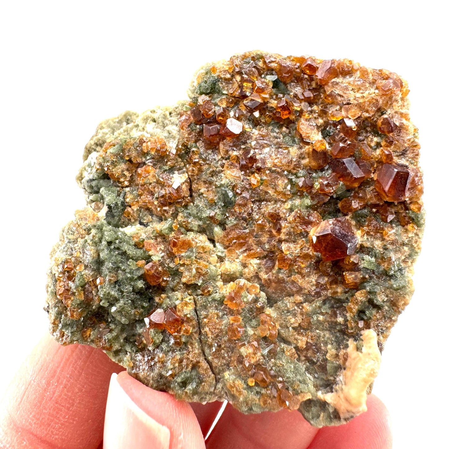 Spessartine Garnet w/ Epidote (Pakistan) | orange garnet crystal, mineral specimen