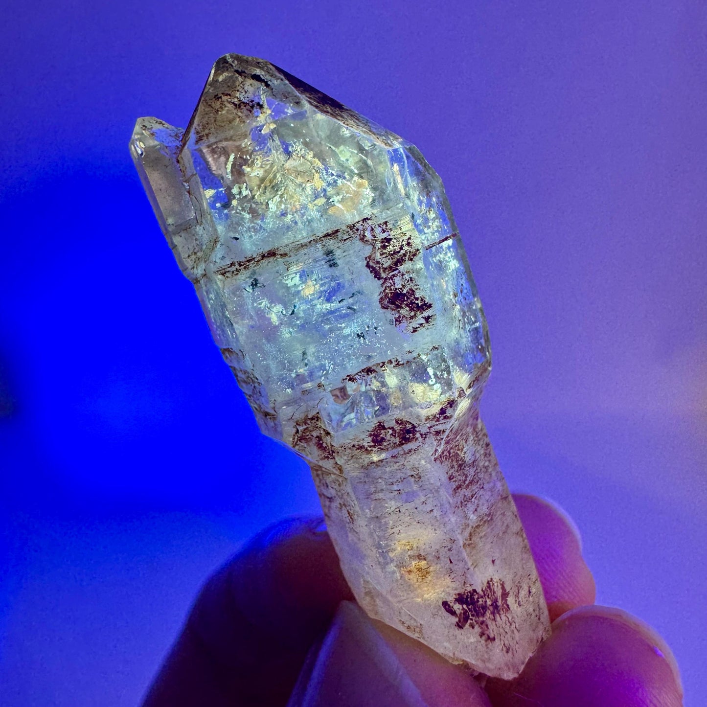Firefly Petroleum Quartz Sceptre | UV reactive crystal, fluorescent mineral from Madagascar