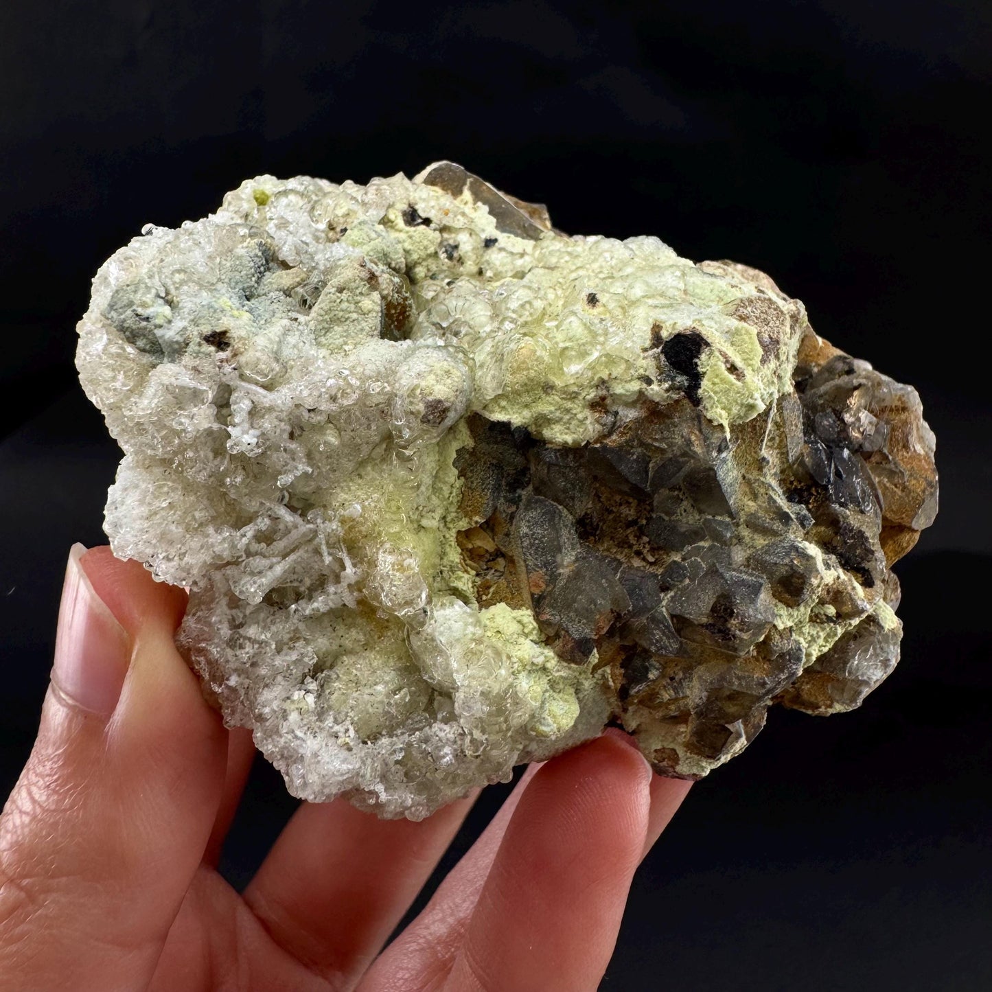 UV Reactive Hyalite Opal on Smoky Quartz | Fluorescent Mineral Specimen from Namibia