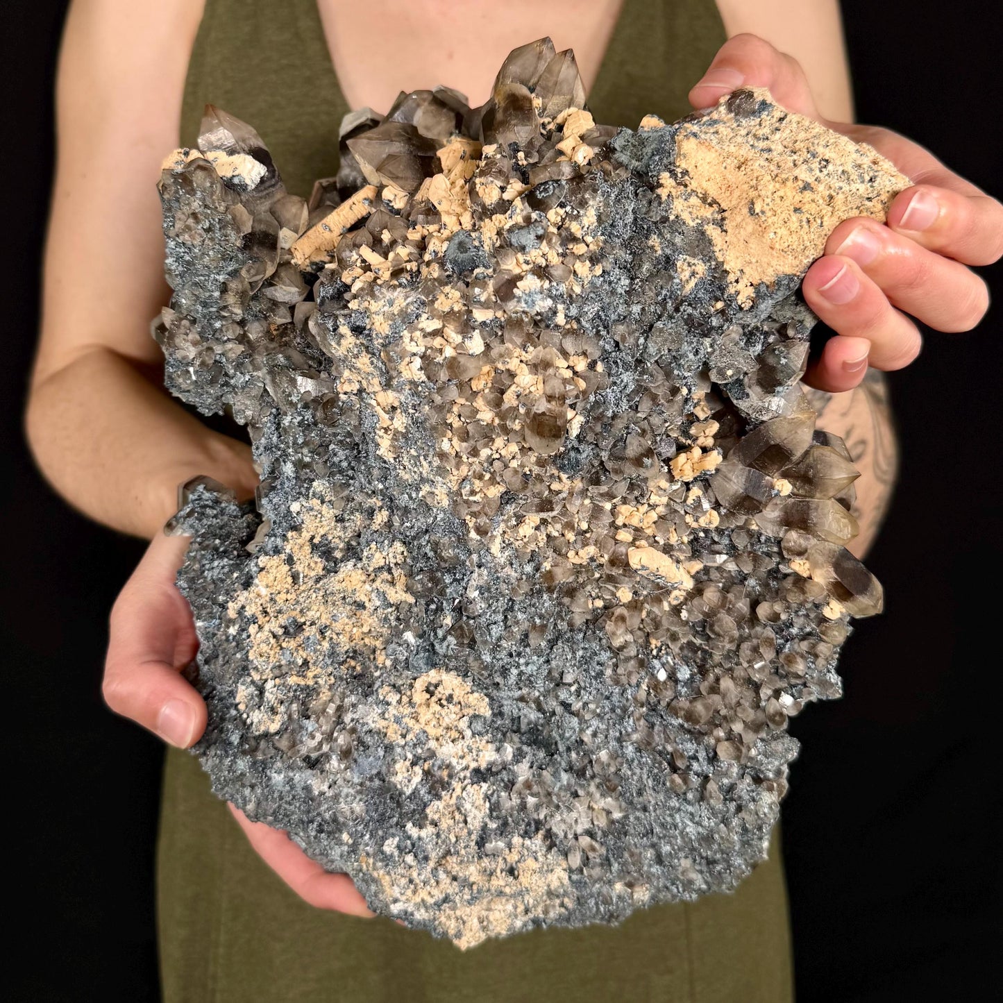 MASSIVE Smoky Quartz with Hyalite Opal, Feldspar, & Foitite | Crystal Cluster from Namibia