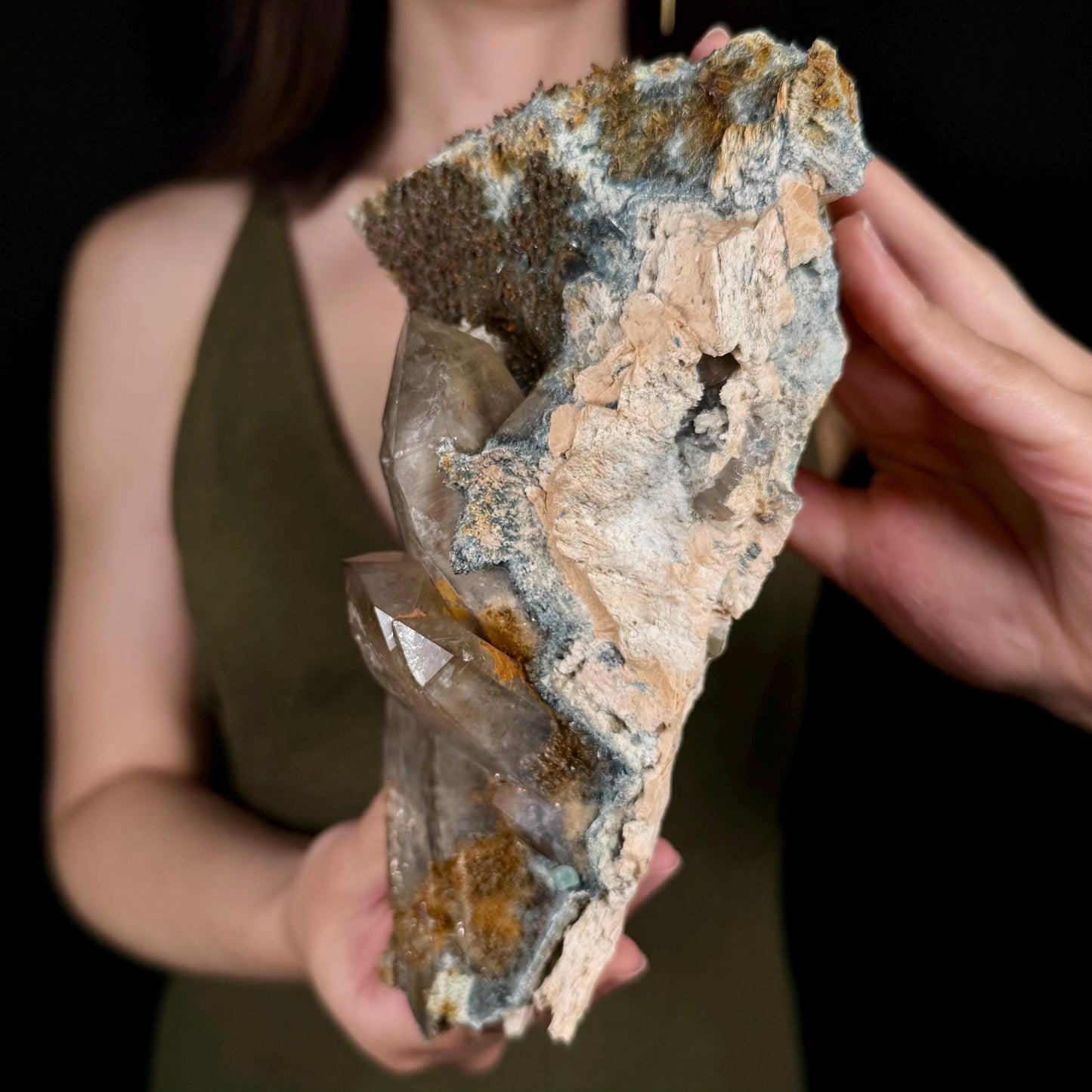XL Smoky Quartz with Hyalite Opal, Feldspar, Fluorite, & Foitite | Crystal Cluster from Namibia