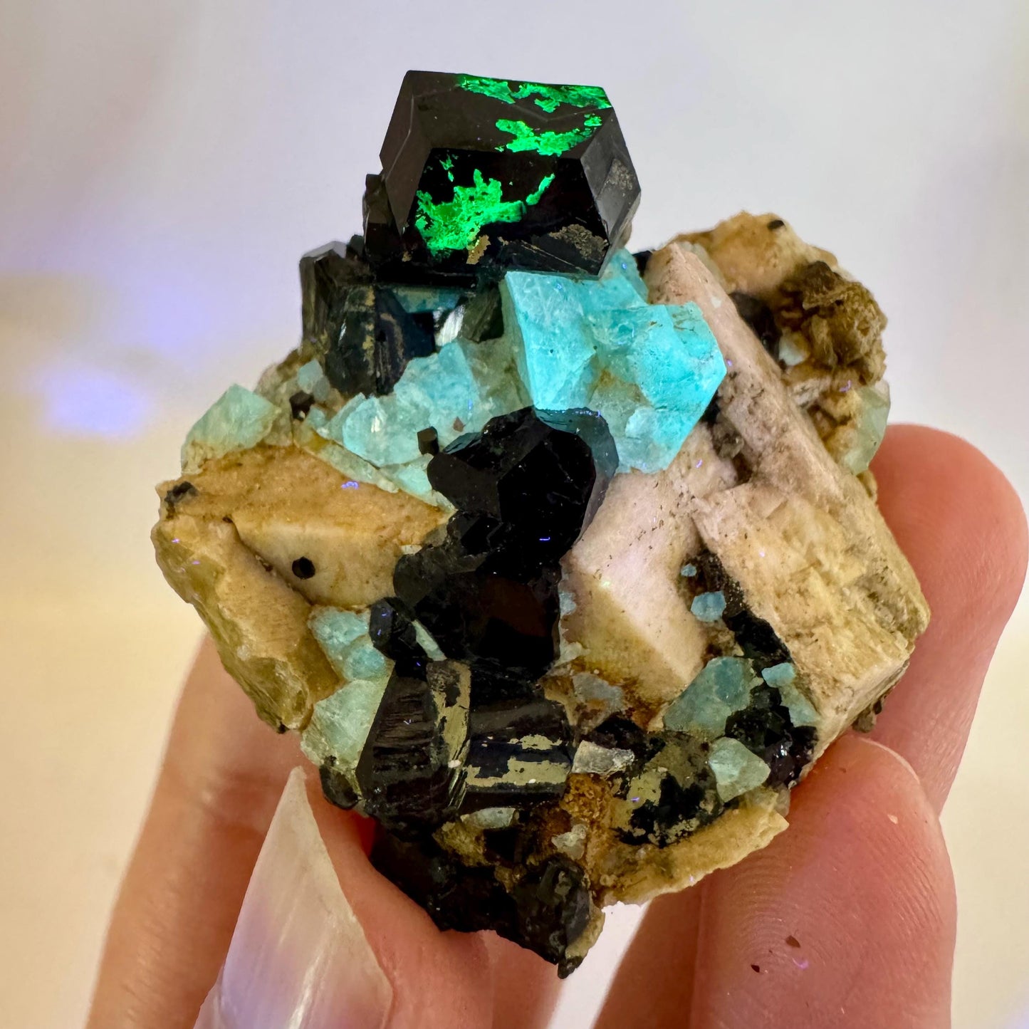 Chlorophane Fluorite w/ Black Tourmaline & Hyalite Opal on Feldspar | natural crystal, rare mineral specimen from Erongo, Namibia