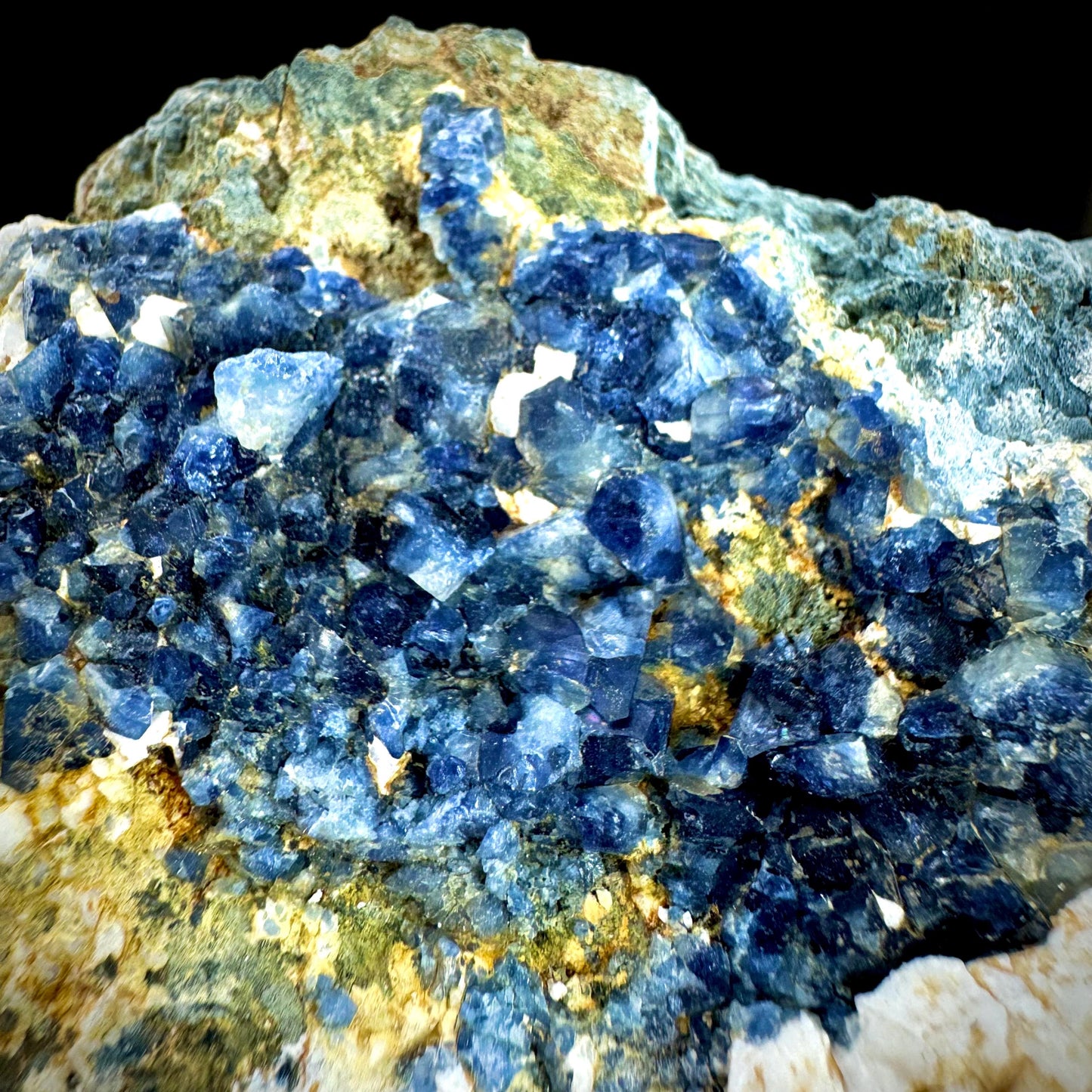 Benitoite with Neptunite on Natrolite (California, USA) | UV reactive benitoite crystal, rare mineral specimen