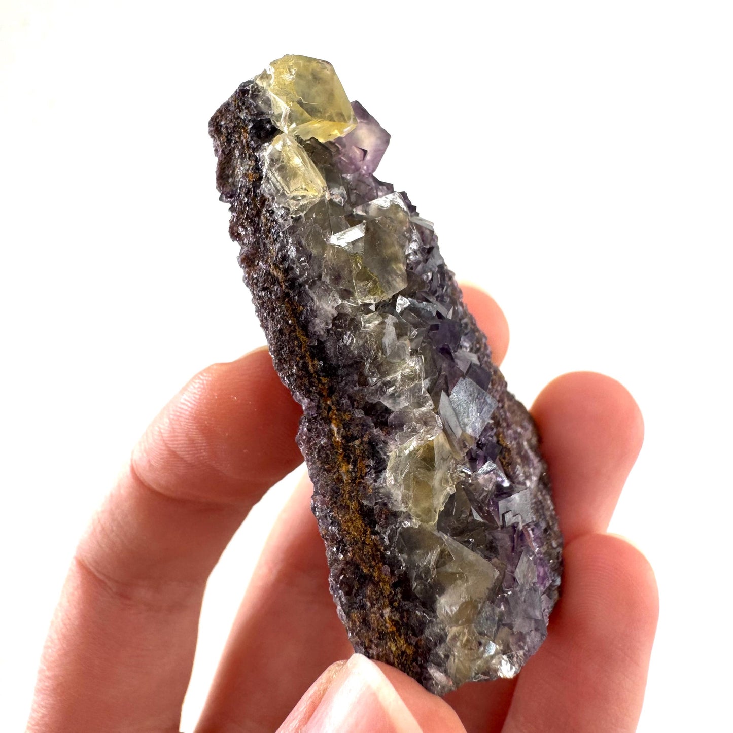 Okorusu Fluorite | “Honey Pocket” yellow & purple crystal cluster, mineral specimen from Namibia