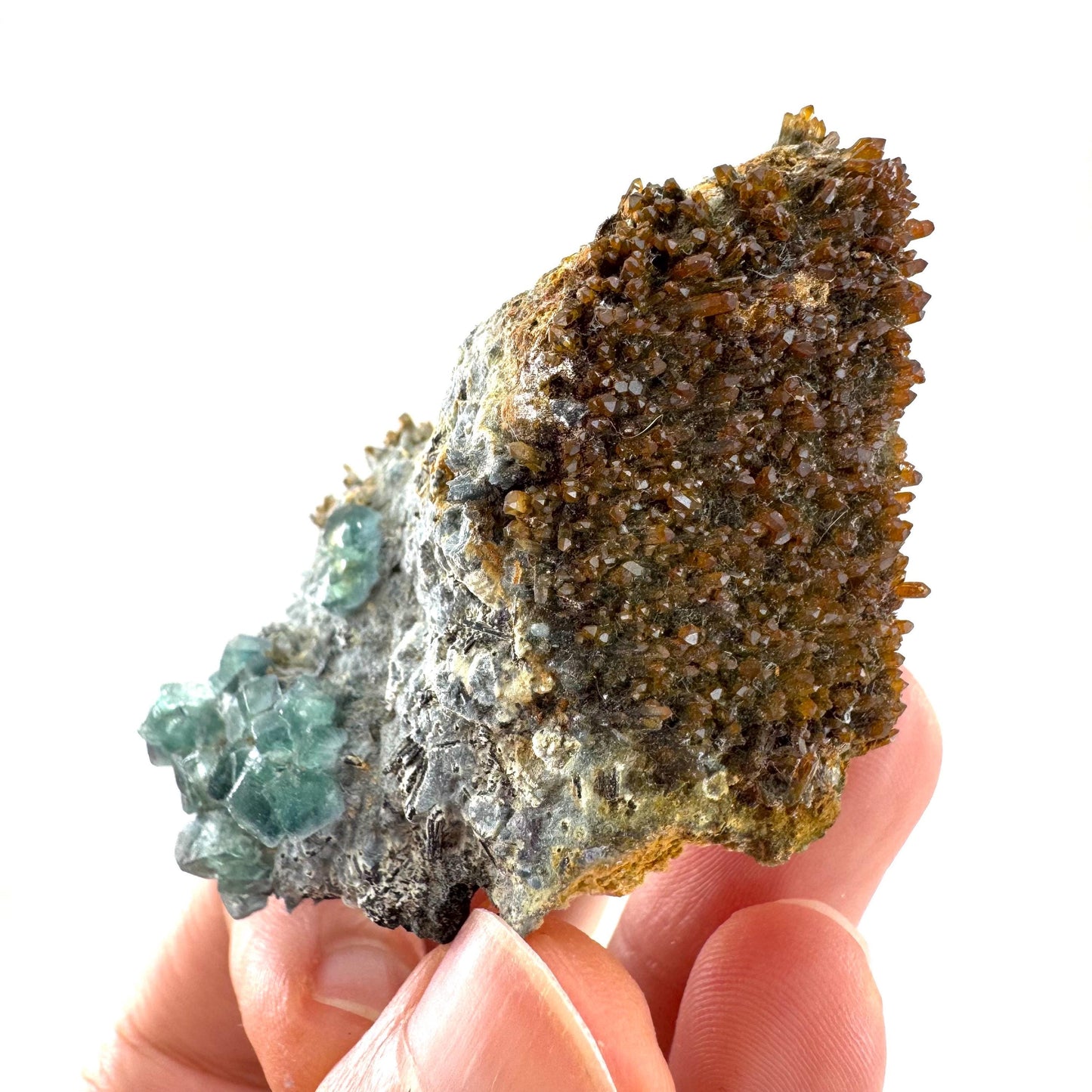 Fluorite, Foitite & Quartz on Feldspar | blue crystal cluster, Erongo mineral specimen