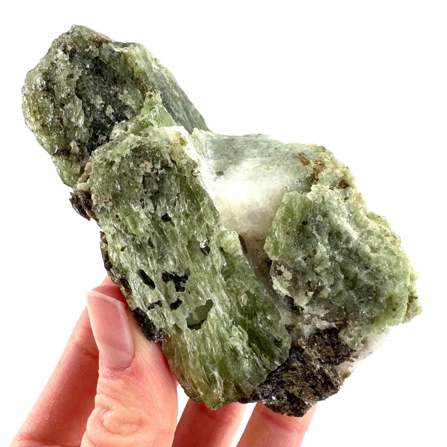 Chrome Diopside on Calcite | raw green crystal cluster, natural mineral specimen
