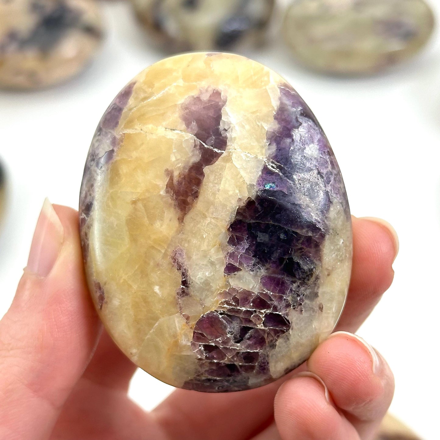 Anhydrite in Calcite Palm Stone | Rare Purple & Yellow Crystal Worry Stone (Crown Chakra)