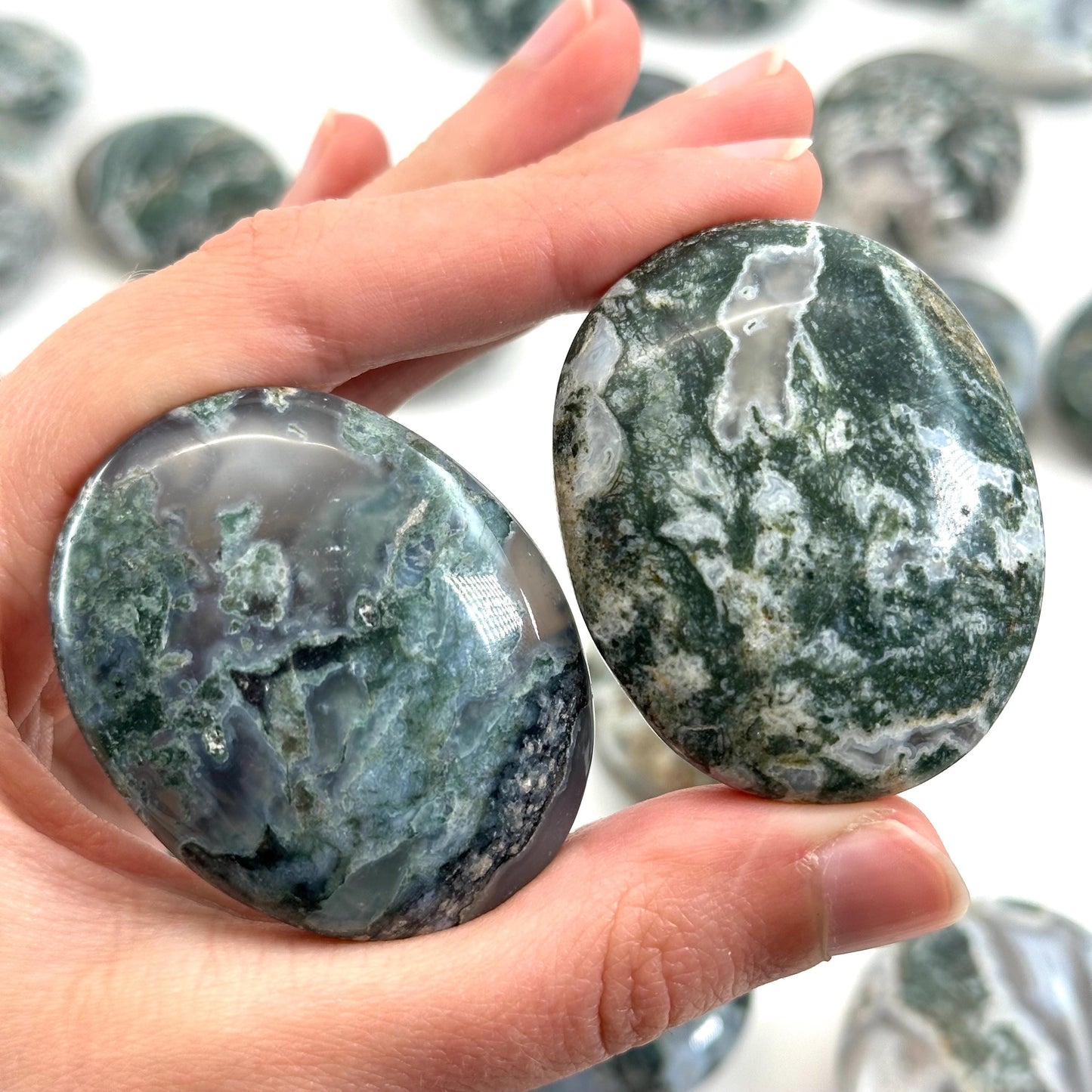 Moss Agate Palm Stone, green moss agate, crystal palm stone, worry stone, polished moss agate