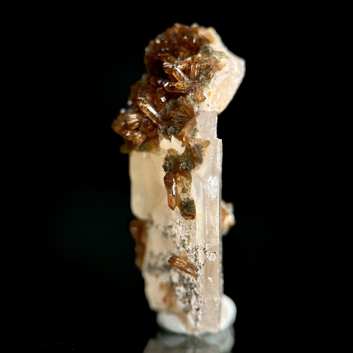 Eosphorite w/ Roscherite on Quartz | brown & green crystal, rare mineral specimen from Brazil