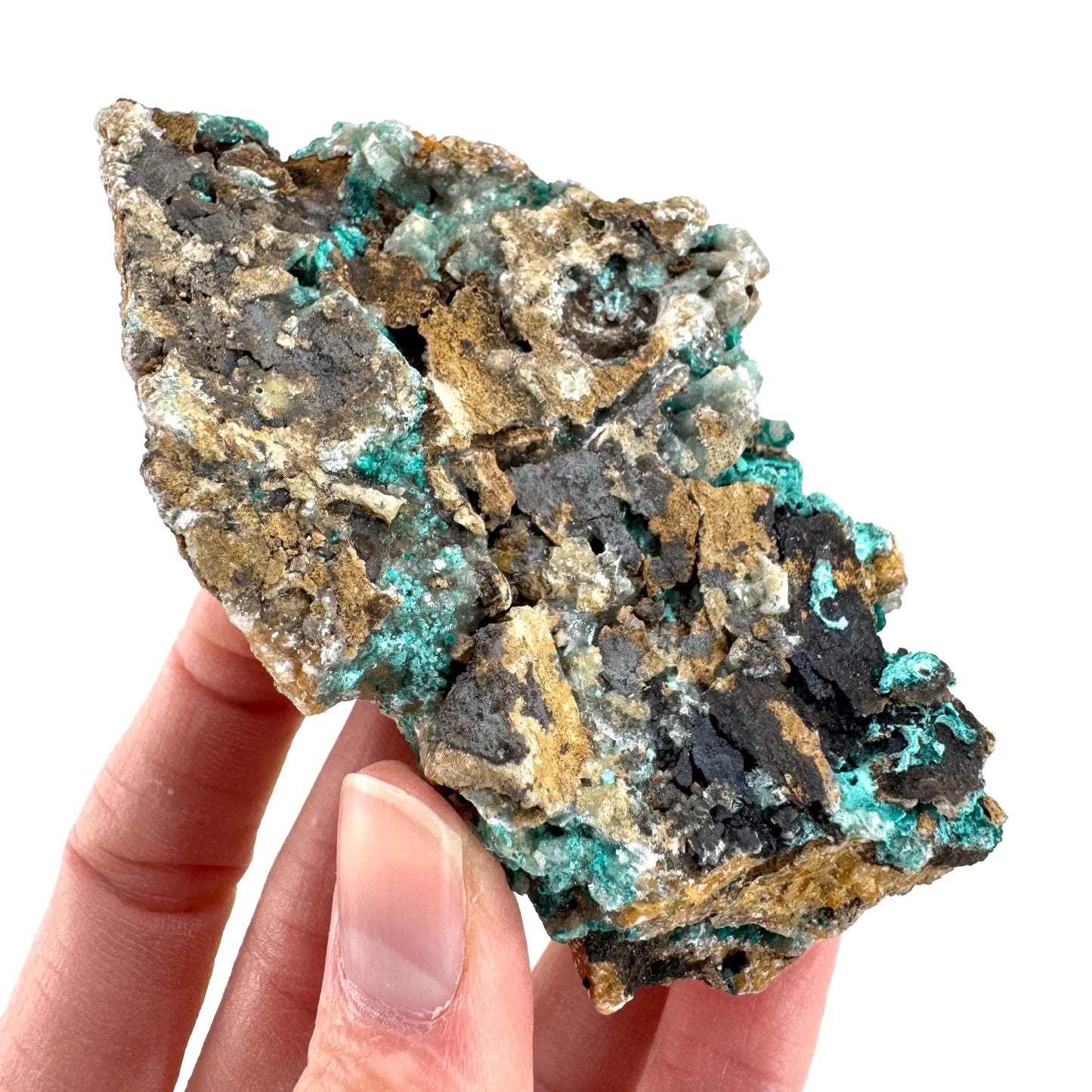 Chrysocolla w/ Malachite on Barite | blue crystal, mineral specimen from DR Congo
