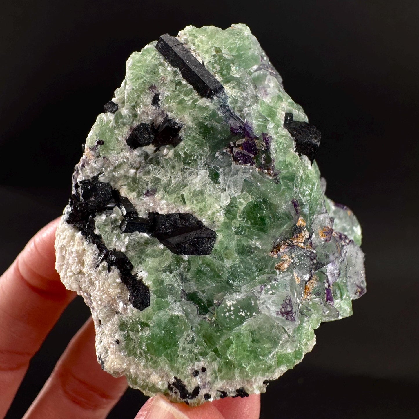Fluorite w/ Schorl, & Muscovite | Lollipop Pocket, green crystal cluster, mineral specimen from Namibia